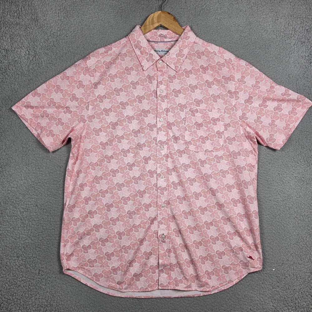 Tommy Bahama Shirt Mens Sz XL Pink Magenta Floral Plants All Over Print Slim Fit